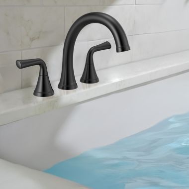 Click here to see Delta T2733-BL Delta Kayra Two-Handle Roman Tub Faucet Trim, High-Arc Spout, Lever Handles, ADA-Compliant, Matte Black - T2733-BL
