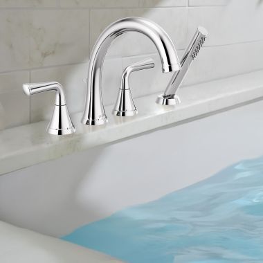 Click here to see Delta T4733 Delta Kayra Roman Tub Faucet Trim with 1.75 GPM Single-Setting Hand Shower, H2Okinetic, High Arc Spout, Lever Handles, Touch-Clean,  Chrome - T4733