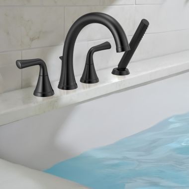 Click here to see Delta T4733-BL Delta Kayra Roman Tub Faucet Trim with 1.75 GPM Single-Setting Hand Shower, H2Okinetic, Lever Handles, Touch-Clean, Matte Black - T4733-BL