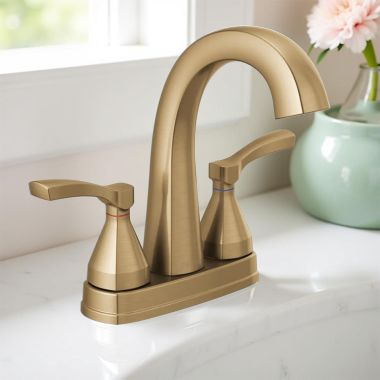 Click here to see Delta 25775-CZMPU-DST Delta Stryke High-Arc Centerset Lavatory Faucet With Metal Pop-Up, DIAMOND Seal, Two Lever Handles, 1.2 GPM, Champagne Bronze - 25775-CZMPU-DST