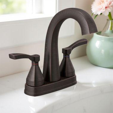 Click here to see Delta 25775-RBMPU-DST Delta Stryke High-Arc Centerset Lavatory Faucet With Metal Pop-Up, DIAMOND Seal, Two Lever Handles, 1.2 GPM, Venetian Bronze - 25775-RBMPU-DST