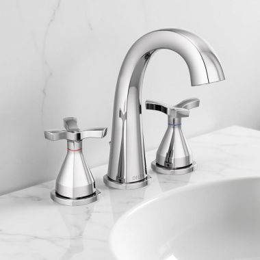 Click here to see Delta 357756-MPU-DST Delta Stryke Widespread Bathroom Faucet With Metal Pop-Up, Deck Mount, Two Handles, Diamond Seal, 1.2 GPM, Chrome - 357756-MPU-DST
