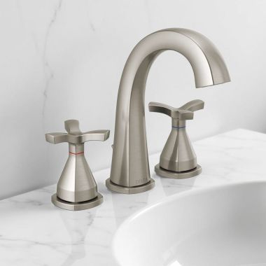Click here to see Delta 357756-SSMPU-DST Delta Stryke Widespread Bathroom Faucet With Metal Pop-Up, Deck Mount, Two Handles, Diamond Seal, 1.2 GPM, Stainless - 357756-SSMPU-DST