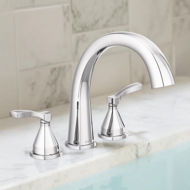 Click here to see Delta T2777 Delta Stryke Two-Handle Roman Tub Faucet Trim, High Arc Spout, Lever Handles, Chrome - T2777