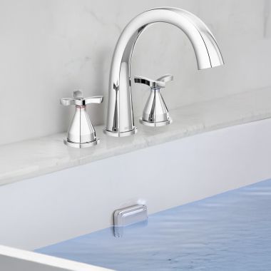 Click here to see Delta T27776 Delta Stryke Two-Handle Roman Tub Faucet Trim, High Arc Spout, Cross Handles, Chrome - T27776