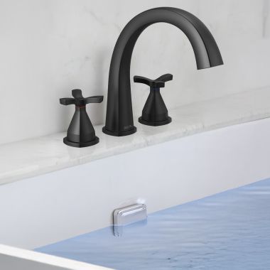 Click here to see Delta T27776-BL Delta Stryke Two-Handle Roman Tub Faucet Trim, High Arc Spout, Cross Handles, Matte Black - T27776-BL