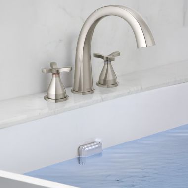 Click here to see Delta T27776-SS Delta Stryke Two-Handle Roman Tub Faucet Trim, High Arc Spout, Cross Handles, Stainless - T27776-SS