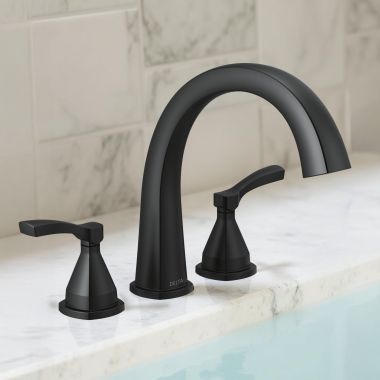 Click here to see Delta T2777-BL Delta Stryke Two-Handle Roman Tub Faucet Trim, High Arc Spout, Lever Handles, Matte Black - T2777-BL