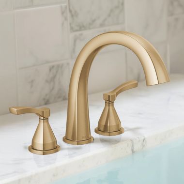 Click here to see Delta T2777-CZ Delta Stryke Two-Handle Roman Tub Faucet Trim, High Arc Spout, Lever Handles, Champagne Bronze - T2777-CZ