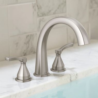 Click here to see Delta T2777-SS Delta Stryke Two-Handle Roman Tub Faucet Trim, High Arc Spout, Lever Handles, Stainless - T2777-SS