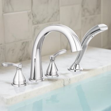 Click here to see Delta T4777 Delta Stryke Two-Handle Roman Tub Faucet Trim with 1.75 GPM H2Okinetic Hand Shower, Arc Spout, Lever Handles, Chrome - T4777