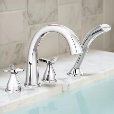 Click here to see Delta T47776 Delta Stryke Two-Handle Roman Tub Faucet Trim with 1.75 GPM Single-Setting Hand Shower, H2Okinetic, Cross Handles, Chrome - T47776