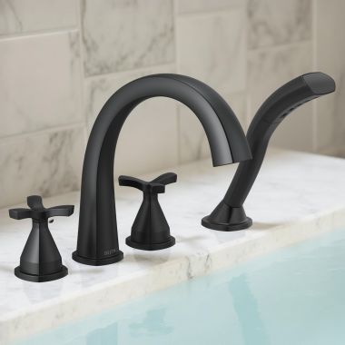 Click here to see Delta T47776-BL Delta Stryke Two-Handle Roman Tub Faucet Trim with 1.75 GPM Single-Setting Hand Shower, H2Okinetic, Cross Handles, Matte Black - T47776-BL