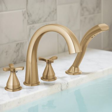 Click here to see Delta T47776-CZ Delta Stryke Two-Handle Roman Tub Faucet Trim with 1.75 GPM Single-Setting Hand Shower, H2Okinetic, Cross Handles, Champagne Bronze - T47776-CZ