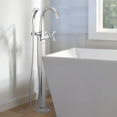 Click here to see Delta T47776-FL Delta Stryke Freestanding Tub Filler Trim with 1.75 GPM Single-Setting Hand Shower, H2Okinetic, Cross Handle, Chrome - T47776-FL