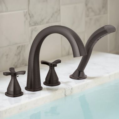 Click here to see Delta T47776-RB Delta Stryke Two-Handle Roman Tub Faucet Trim with 1.75 GPM Single-Setting Hand Shower, H2Okinetic, Cross Handles, Venetian Bronze - T47776-RB