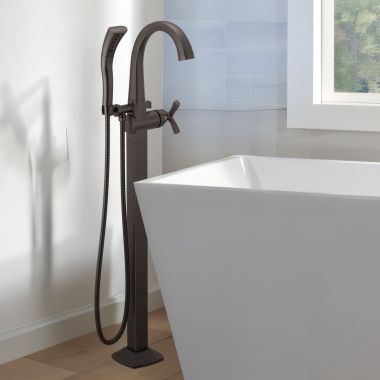 Click here to see Delta T47776-RBFL Delta Stryke Freestanding Tub Filler Trim with 1.75 GPM Single-Setting Hand Shower, H2Okinetic, Cross Handle, Venetian Bronze - T47776-RBFL