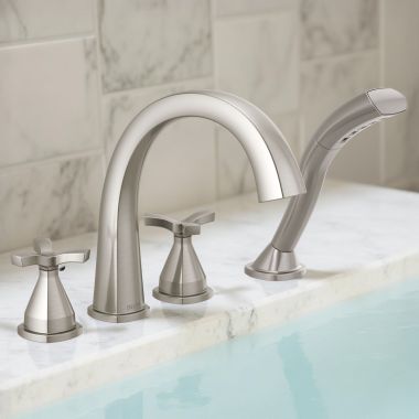 Click here to see Delta T47776-SS Delta Stryke Two-Handle Roman Tub Faucet Trim with 1.75 GPM Single-Setting Hand Shower, H2Okinetic, Cross Handles, Stainless - T47776-SS