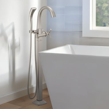 Click here to see Delta T47776-SSFL Delta Stryke Freestanding Tub Filler Trim with 1.75 GPM Single-Setting Hand Shower, H2Okinetic, Cross Handle, Stainless - T47776-SSFL
