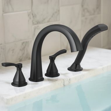 Click here to see Delta T4777-BL Delta Stryke Two-Handle Roman Tub Faucet Trim with 1.75 GPM Single-Setting Hand Shower, H2Okinetic, Lever Handles, Matte Black - T4777-BL
