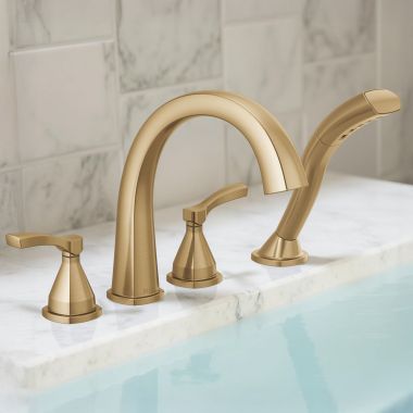 Click here to see Delta T4777-CZ Delta Stryke Two-Handle Roman Tub Faucet Trim w/ Hand Shower, Lever Handles, Champagne Bronze - T4777-CZ