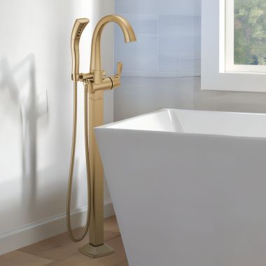 Click here to see Delta T4777-CZFL Delta Stryke Freestanding Tub Filler Trim with 1.75 GPM Single-Setting Hand Shower, H2Okinetic, Lever Handle, Champagne Bronze - T4777-CZFL