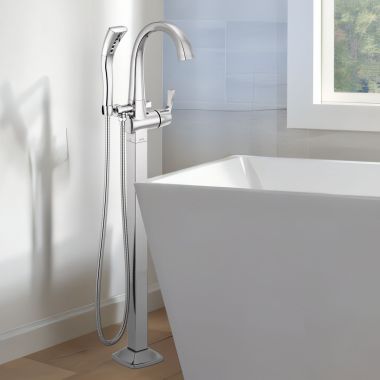 Click here to see Delta T4777-FL Delta Stryke Freestanding Tub Filler Trim with 1.75 GPM Single-Setting Hand Shower, H2Okinetic, Lever Handle, Chrome - T4777-FL