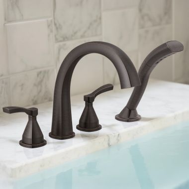 Click here to see Delta T4777-RB Delta Stryke Two-Handle Roman Tub Faucet Trim with 1.75 GPM Single-Setting Hand Shower, H2Okinetic, Lever Handles, Venetian Bronze - T4777-RB