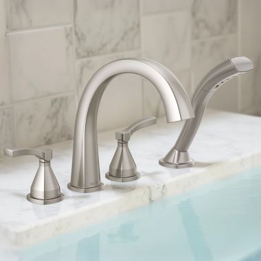 Click here to see Delta T4777-SS Delta Stryke Two-Handle Roman Tub Faucet Trim with 1.75 GPM Single-Setting Hand Shower, H2Okinetic, Lever Handles, Stainless - T4777-SS