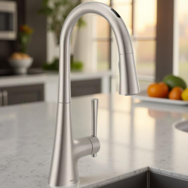 Click here to see Moen 9126EVSRS Moen Kurv Smart Single-Handle High Arc Pulldown Kitchen Faucet w/ Voice Activation, 1.5 GPM, Spot Resist Stainless - 9126EVSRS