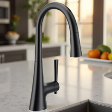 Click here to see Moen 9126EVBL Moen Kurv Smart Single-Handle High Arc Pulldown Kitchen Faucet w/ Voice Activation, 1.5 GPM, Matte Black - 9126EVBL