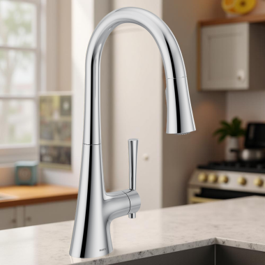 Click here to see Moen 9126 Moen Kurv Single-Handle High Arc Pull-Down Kitchen Faucet w/ Power Boost, 1.5 GPM, Chrome - 9126