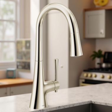 Click here to see Moen 9126NL Moen Kurv Single-Handle High Arc Pull-Down Kitchen Faucet w/ Power Boost, 1.5 GPM, Polished Nickel - 9126NL