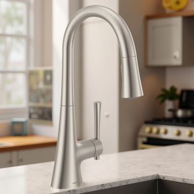 Click here to see Moen 9126SRS Moen Kurv Single-Handle High Arc Pull-Down Kitchen Faucet w/ Power Boost, 1.5 GPM, Spot Resist Stainless - 9126SRS