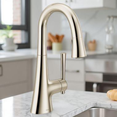 Click here to see Moen 6126NL Moen Kurv Single Handle High Arc Pull-Down Bar/Prep Faucet, 1.5 GPM, Polished Nickel - 6126NL