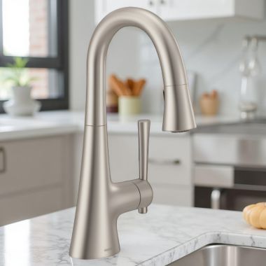 Click here to see Moen 6126SRS Moen Kurv Single Handle High Arc Pull-Down Bar/Prep Faucet, 1.5 GPM, Spot Resist Stainless - 6126SRS