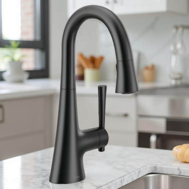 Click here to see Moen 6126BL Moen Kurv Single Handle High Arc Pull-Down Bar/Prep Faucet, 1.5 GPM, Matte Black - 6126BL