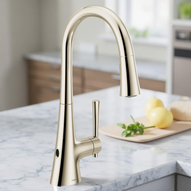 Click here to see Moen 9126EWNL Moen Kurv Single-Handle High Arc Pulldown Touchless Kitchen Faucet w/ MotionSense Wave, 1.5 GPM, Polished Nickel - 9126EWNL