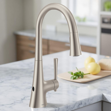 Click here to see Moen 9126EWSRS Moen Kurv Single-Handle High Arc Pulldown Touchless Kitchen Faucet w/ MotionSense Wave, 1.5 GPM, Spot Resist Stainless - 9126EWSRS