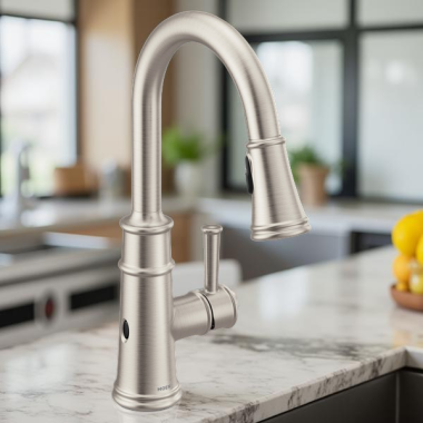 Click here to see Moen 7260EWSRS Moen Belfield Single-Handle High Arc Pull-Down Kitchen Faucet w/ MotionSense Wave, 1.5 GPM, Spot Resist Stainless - 7260EWSRS