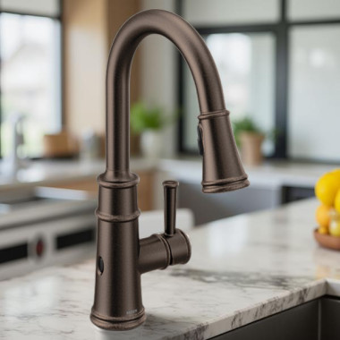 Click here to see Moen 7260EWORB Moen Belfield Single-Handle High Arc Pull-Down Kitchen Faucet w/ MotionSense Wave, 1.5 GPM, Oil Rubbed Bronze - 7260EWORB
