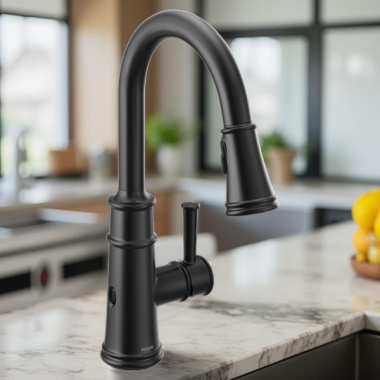 Click here to see Moen 7260EWBL Moen Belfield Single-Handle High Arc Pull-Down Kitchen Faucet w/ MotionSense Wave, 1.5 GPM, Matte Black - 7260EWBL