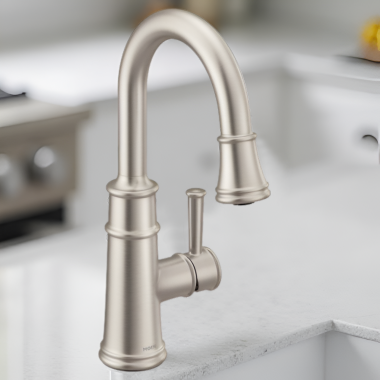 Click here to see Moen 6260SRS Moen Belfield Single-Handle High Arc Pull-Down Bar/Prep Faucet, 1.5 GPM, Spot Resist Stainless - 6260SRS
