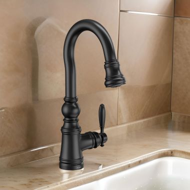 Click here to see Moen S53004BL Moen Weymouth Single Handle High Arc Pull-Down Bar/Prep Faucet, Matte Black - S53004BL