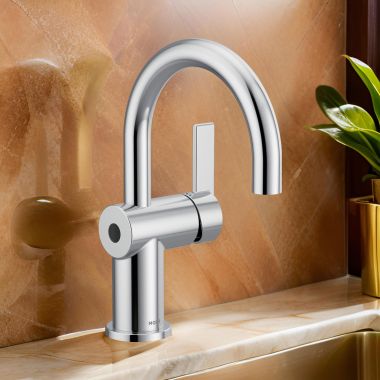 Click here to see Moen 6221EW Moen Cia One-Handle High Arc Chrome Bathroom Faucet with Metal Spring Loaded Pop-Up, MotionSense Wave, Duralock, 1.2 GPM, Lever Handle - 6221EW