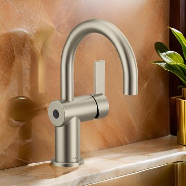 Click here to see Moen 6221EWBN Moen Cia One-Handle High Arc Brushed Nickel Bathroom Faucet with Metal Spring Loaded Pop-Up, MotionSense Wave, Duralock, 1.2 GPM, Lever Handle, LifeShine - 6221EWBN