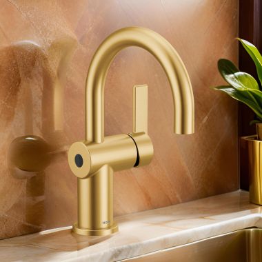 Click here to see Moen 6221EWBG Moen Cia One-Handle High Arc Brushed Gold Bathroom Faucet with Metal Spring Loaded Pop-Up, MotionSense Wave, Duralock, 1.2 GPM, Lever Handle, LifeShine - 6221EWBG
