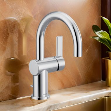 Click here to see Moen 6221 Moen Cia One-Handle High Arc Chrome Bathroom Faucet with Metal Lift Rod Drain and Temperature Indicators, 1.2 GPM, ADA Lever Handle, Single-Hole - 6221