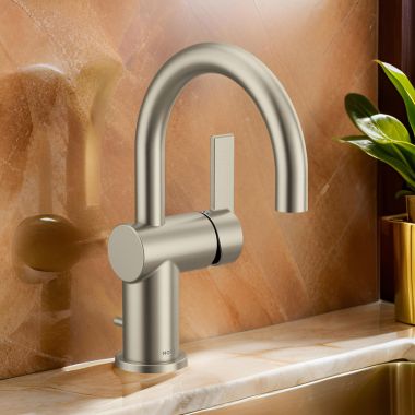 Click here to see Moen 6221BN Moen Cia One-Handle High Arc Brushed Nickel Bathroom Faucet with Metal Lift Rod Drain and Temperature Indicators, 1.2 GPM, ADA Lever Handle, Single-Hole - 6221BN