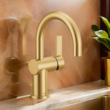 Click here to see Moen 6221BG Moen Cia One-Handle High Arc Brushed Gold Bathroom Faucet with Metal Lift Rod Drain and Temperature Indicators, 1.2 GPM, ADA Lever Handle, Single-Hole - 6221BG